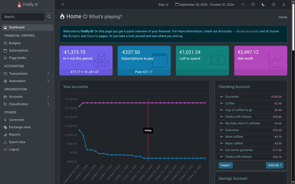 Firefly III dashboard with demo data: monthly income and spending, subscriptions, money left to spend, net worth, an account balance chart and recent transactions.
