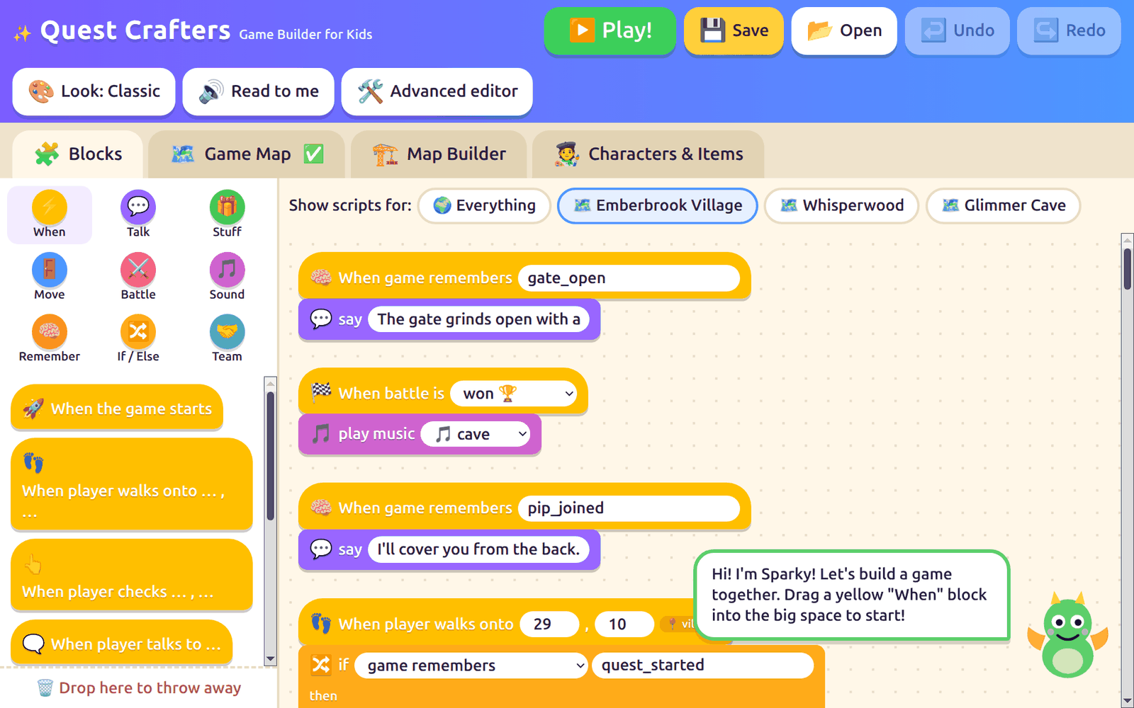 Screenshot of Quest Crafters, a game builder for kids. A palette of colourful script blocks (When, Talk, Move, Battle, Sound, Remember, If/Else) sits beside a canvas of stacked blocks such as "When game remembers gate_open, say: The gate grinds open" and "When battle is won, play music: cave", with tabs for Blocks, Game Map, Map Builder and Characters & Items, and a friendly dragon mascot offering help.